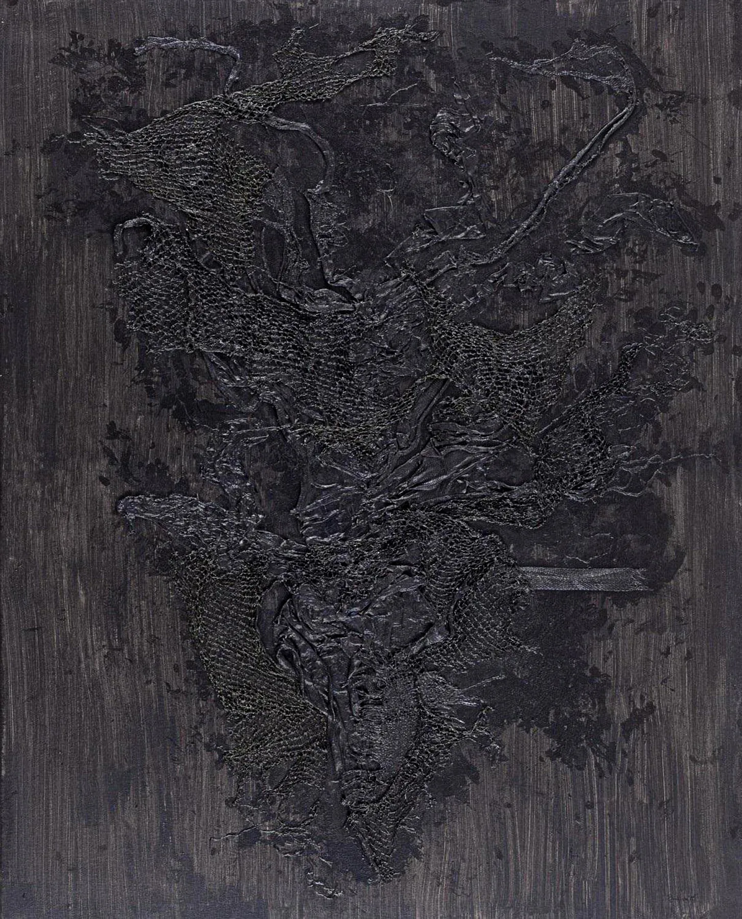 Anastomosis, 2022, Assemblage — used polypropylene nets, fabric, acrylic and oil on canvas